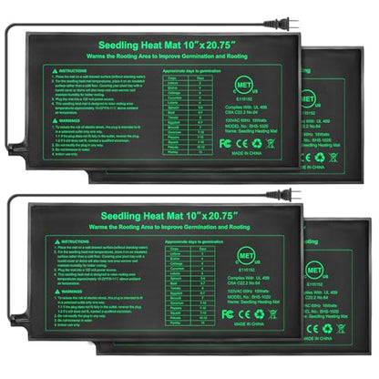 Bestio Waterproof Seeding Heat Mat 10"x 20.75", 4 Pack Durable Heat Mats for Seed Starting, UL & MET-Certified Plant Heating Pad, Indoor Gardening, Greenhouse - size: 10" x 20.75"- 4 Pack