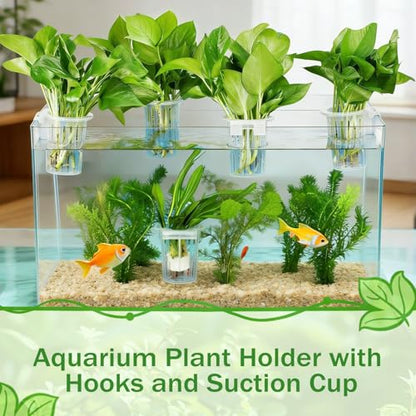 4 Pack Aquarium Plant Holder for Live Plants, Fish Tank Pothos Basket | with 24 Adjustable Hooks (3 Sizes) & 8 Suction Cups, Aquatic Planter for Aquascape Decorations, Emersed Plant Support