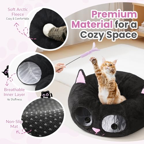 Baseola Fuzzy Cat Tunnel Bed for Indoor Cats, 2-in-1 Interactive Cat Toys | Peekaboo Cat Cave with Washable Mat, Collapsible Cat Play Tunnel for Kittens & Small Pets, Cat Donut Bed Tunnel, Black Pink - color: Black Pink
