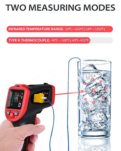 Infrared Surface Thermometer -58℉ to 1202℉, Dew Point/Mould Detector, Laser Temperature Humidity Gun, Hygrometer, Pyrometer with Thermocouple for Home, HVAC Black