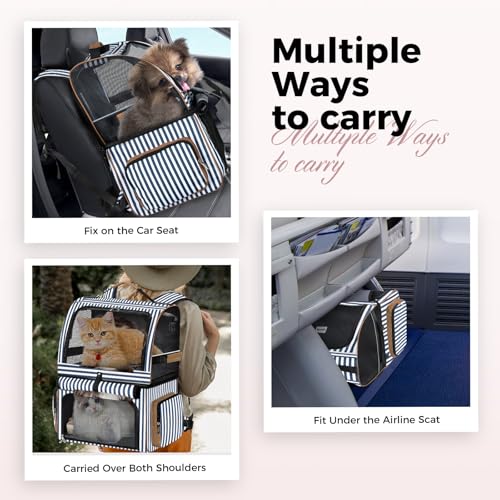 Double Cat Backpack Carrier for 2 Cats, Double-Compartment Pet Carrier Backpack for 2 Small Cat or One Medium Cat, Cats Carrier Backpack Dog Carrier Backpack Fits Up to 24 Lbs,Blue Striped - color: Striped