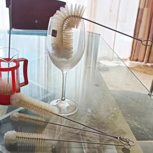 Bottle Brushes Thin Long Handle X 4, Natural Boar Bristle Set | Stainless Steel Bendable Wire Cleaner with Wool Tip, Slim Flexible for Cleaning Narrow Neck Bottles, Pipes, Tubes, Hoses