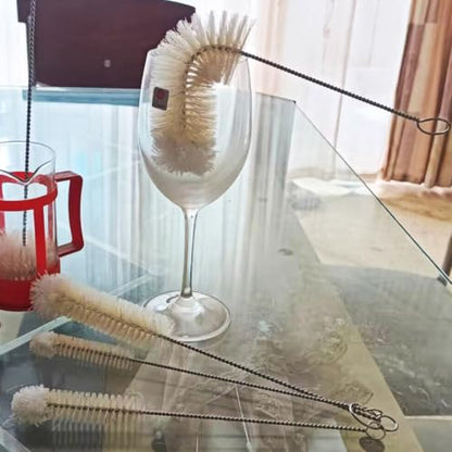 Bottle Brushes Thin Long Handle X 4, Natural Boar Bristle Set | Stainless Steel Bendable Wire Cleaner with Wool Tip, Slim Flexible for Cleaning Narrow Neck Bottles, Pipes, Tubes, Hoses