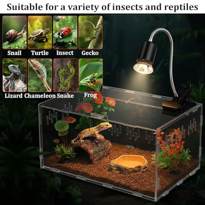 Kathfly 13 Pcs Mini Reptile Terrarium Starter Kits, 12x8x6'' Insect Amphibians Reptile Tank Insect Habitat Cage Acrylic Tank Hidden Shell Heat Lamp Hammock and Other Accessories for Fish Turtle Spider