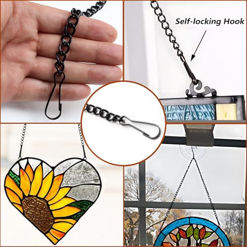 Stained Glass Hanging Chain Kit, 9 Black Metal Chains & 8 Hooks | Multi-Length Hanging Hardware for Stained Glass Panels, Suncatchers, Picture, Wood Signs, Plant Hangers & DIY Home Decor