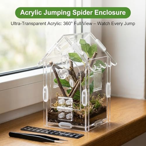 Jumping Spider Enclosure, Acrylic Terrarium with Magnetic Front Door, Includes Tweezers and Aquarium Thermometer Strip, Habitat for Mantis, Arboreal Tarantulas & Snails