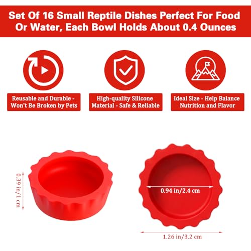 Silicone Gecko Feeding Cups, Reusable Small Reptile Food Dish Gecko Tank Accessories Crested Geckos Food and Water Feeding Cups, Easy Clean Silicone Small Capacity Worm Bowl (16 Pack, 8 Colors)
