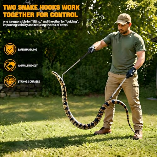 2pcs Snake Hook Set, Heavy Duty Snake Catcher Stainless Steel Snake Handling Tool for Moving Ball Rattlesnakes Python Copperhead with Long Handle (65inch&26inch) - size: 65inch&26inch