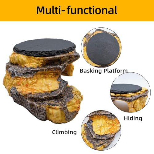 Reptile Basking Platform Gecko Hide Juvenile Beared Dragon Tank Accessories | 9.45"×5.31"×3.15",Resin,with a rock platform,Box packaging,Turtle habitat accessories,for Lizard Leopard Crested Gecko - style: style 3