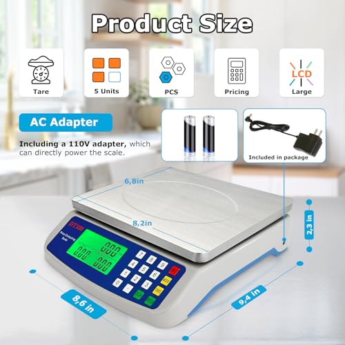 Large Digital Kitchen Scale 40kg/88lb Stainless Steel Price Computing Scale Counting Scale Deli Scale with LCD Display for Baking Bread Cooking Meat Prep Parts and Coins Adapter Included - color: Gray 40kg