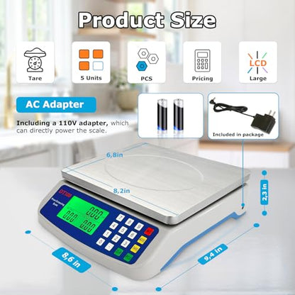 Large Digital Kitchen Scale 40kg/88lb Stainless Steel Price Computing Scale Counting Scale Deli Scale with LCD Display for Baking Bread Cooking Meat Prep Parts and Coins Adapter Included - color: Gray 40kg