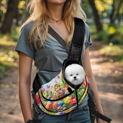COEQINE Small Dog Easter Outfit Carrier Backpack Thick Padded Shoulder Strap Hands-Free Colorful Eggs Kawaii Cat Bunny Ears with Drawstring Dog Papoose for Travel - color: Colorful Eggs Kawaii Cat Bunny Costome