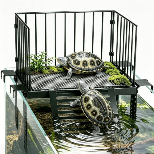 Turtle Basking Platform with Ramp, for 10-30 Gal Tank | Sliding hooks adjust water depth easily. Fits 11-13 inch rim. Rust-proof SS, non-slip ramp for safe climbing.