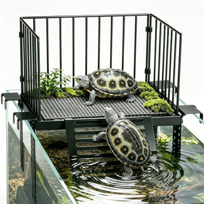 Turtle Basking Platform with Ramp, for 10-30 Gal Tank | Sliding hooks adjust water depth easily. Fits 11-13 inch rim. Rust-proof SS, non-slip ramp for safe climbing.