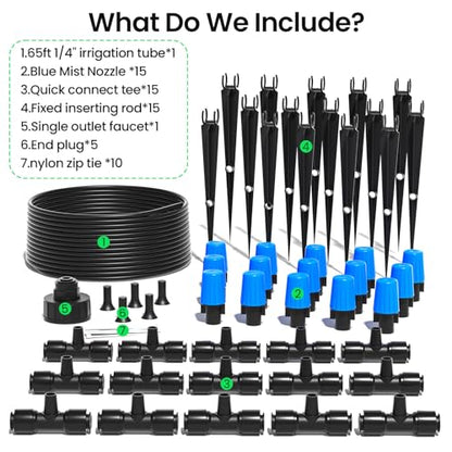 MIXC 65FT Greenhouse Watering System- Quick Efficient Connector Hanging Plant Watering System Automatic Mist Irrigation Kit with 1/4" Blank Tubing and Misting Nozzles - size: 65FT(Updated)