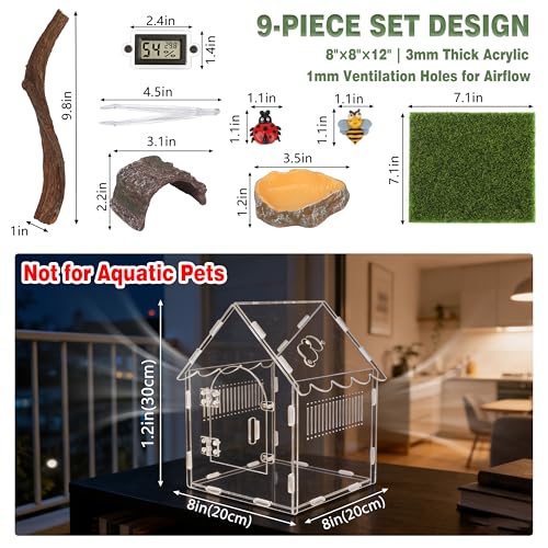 9-in-1 Acoustic Jumping Spider Enclosure Kit, 8"x8"x12" Magnetic Door with Feeding Hole Terrarium for Praying Mantis Tarantula Arboreal Reptile Habitat, Complete Accessories Set