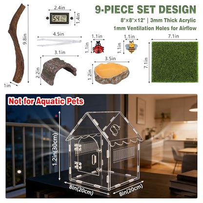 9-in-1 Acoustic Jumping Spider Enclosure Kit, 8"x8"x12" Magnetic Door with Feeding Hole Terrarium for Praying Mantis Tarantula Arboreal Reptile Habitat, Complete Accessories Set