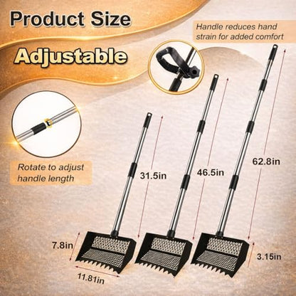 Chicken Poop Scooper & Rake 3-in-1, Adjustable Long Handle (32–63"), 12" Wide Dual-Mesh Sifting Shovel + Mini Fine-Mesh Sifter Scoop, Stainless Steel Coop Litter Scoop for Sand/Shavings/Pellets