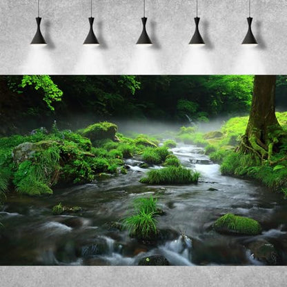 Stream Aquarium Background Aquatic Water Plants Rock Fish Tank Background Lush Green Forest Trees Terrarium Background Misty Foggy Stream Flowing Water Natural Landscape Aquarium Backdrops 24x12in - color: Foggy Green, size: 24(W)x12(H)in