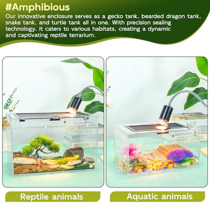 16×10×8'' Reptile Terrarium Kit with Heat Lamp & Hideout for Geckos, Snakes | Complete kit includes spray bottle, shovel, tweezers, food bowl, hideout; ideal for lizards, turtles, spiders, frogs, crabs