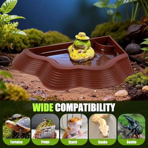 3 Pcs Tortoise Water Bowl with Ramp, Reptile Food Water Bowl Turtle Pool, Tortoise Bathing Pool Turtle Soaking Dish Aquarium Habitat Accessories(trumpet-3-brown Plus Green) - color: trumpet-3-brown plus green