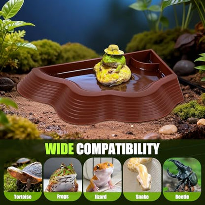 3 Pcs Tortoise Water Bowl with Ramp, Reptile Food Water Bowl Turtle Pool, Tortoise Bathing Pool Turtle Soaking Dish Aquarium Habitat Accessories(trumpet-3-brown Plus Green) - color: trumpet-3-brown plus green