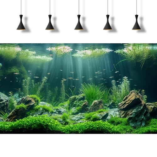 Underwater Aquatic Seagrass Aquarium Background Under The Sea Grass Leaves Lush Green Moss Fish Tank Background Deep Sea Rock Cork with Foggy Misty Sunbeams Terrarium Backgrounds Wallpaper 24x12in - size: 24(W)x12(H)inches/ 60(W)*30cm(H)