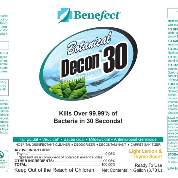 Benefect Botanical Decon 30 Disinfectant Cleaner - All Natural Formula for Effective Cleaning Power - Ideal for Restoration Jobs & Water Damage - 20476 - 1 Gallon - size: 128 Fl Oz (Pack of 1)