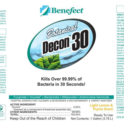 Benefect Botanical Decon 30 Disinfectant Cleaner - All Natural Formula for Effective Cleaning Power - Ideal for Restoration Jobs & Water Damage - 20476 - 1 Gallon - size: 128 Fl Oz (Pack of 1)