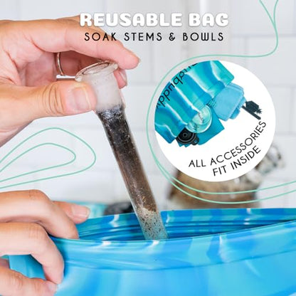 Glass Cleaning Kit - Reusable Silicone Accessories - Complete Kit to Clean your Piece, Just Add Cleaner - Reusable Soaker Bag, Brushes, Mat, Caps & Plugs, Funnel, & Microfiber Towel - color: Blue Green