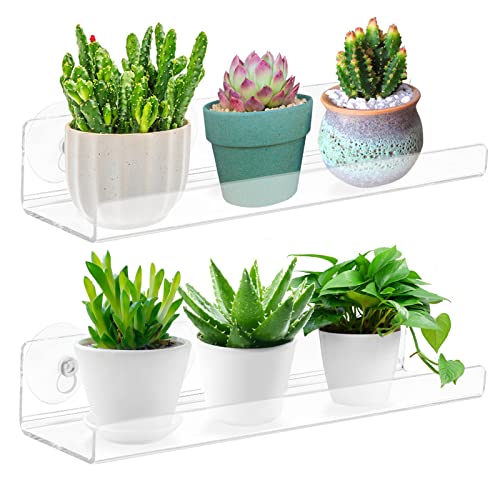 2-Pack 15 Inch Acrylic Window Boxes Plant Shelves, with Suction Cup Window Sill Extender, for Indoor/Outdoor Succulents, Micro Greens, Seed Starter Pots, Herb Planters - size: 15IN-2PC