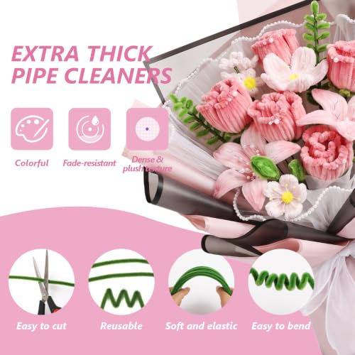 Cwczhi 600 PCS Pipe Cleaners Craft,9 Colors Pipe Cleaner Bulk Flower Kit | with Instructions,Floral Wires,Stamen,Wrapping Paper& Ribbon,Art and Craft Supplies - color: pink-2