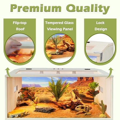Bearded Dragon Tank, 81 Gallons Wooden Reptile Enclosure, Tempered Glass Lizard Tank, Large Bearded Dragon Enclosure with Built-in Lamp Fixture for Lizard - color: Oak, size: 81 gallons