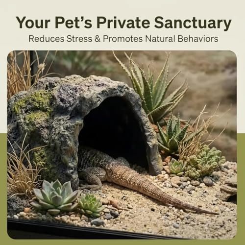 Large Size Rock Cave Habitat Hideout for Reptiles & Amphibians, Terrarium & Aquarium Decor, Perfect Hide Cave for Bearded Dragons, Lizards, Snakes, Turtles, Geckos, Tortoises & Small Animals
