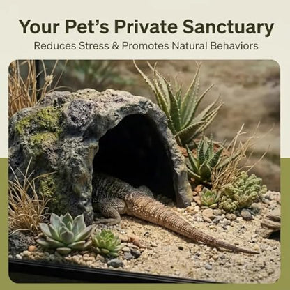 Large Size Rock Cave Habitat Hideout for Reptiles & Amphibians, Terrarium & Aquarium Decor, Perfect Hide Cave for Bearded Dragons, Lizards, Snakes, Turtles, Geckos, Tortoises & Small Animals