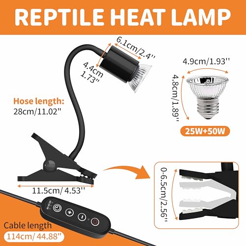 GOZILLA Reptile Heat Lamp, Turtle Lamp with 360° Goose Neck Rotatable Timing & Dimming Cycle Timer, 25W+50W UVA/UVB Reptile Light Bulbs for Reptiles and Amphibian Tanks, Terrariums and Cages.(Black) - color: Goose Neck-Black