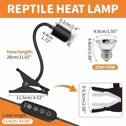 GOZILLA Reptile Heat Lamp, Turtle Lamp with 360° Goose Neck Rotatable Timing & Dimming Cycle Timer, 25W+50W UVA/UVB Reptile Light Bulbs for Reptiles and Amphibian Tanks, Terrariums and Cages.(Black) - color: Goose Neck-Black