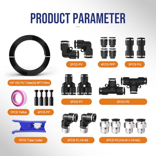 1/4 OD Inch Air Line Hose Tubing Kit Poly Airline Black | Polyurethane Compressed Pneumatic Compressor Repair Kit With Push To Connect Fittings - color: Black, size: 1/4" OD