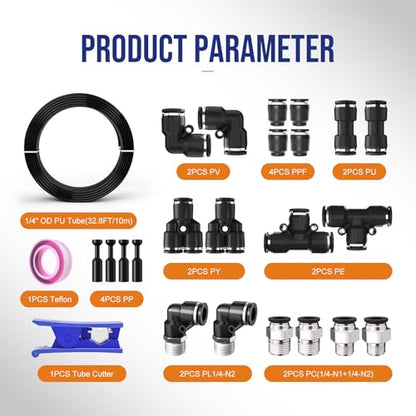 1/4 OD Inch Air Line Hose Tubing Kit Poly Airline Black | Polyurethane Compressed Pneumatic Compressor Repair Kit With Push To Connect Fittings - color: Black, size: 1/4" OD