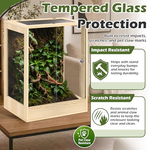 24" x 18" x 36" Tall Reptile Terrarium, 65 Gallon Glass Chameleon Cage, Vertical Crested Gecko Tank with Ventilated Mesh Top, Front Opening Rainforest Habitat, Oak - color: Oak, size: 24" L x 18" W x 36" H, 65 Gallon