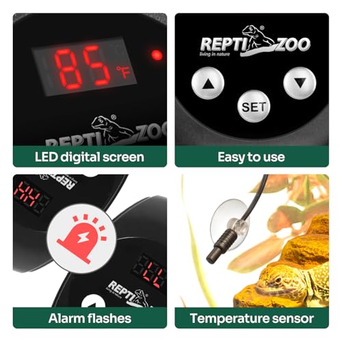 REPTI ZOO Reptile Light Fixture Dimming Thermostat Combo Pack, 5.5 Inch Deep Dome Lamp Fixture Max 100W, PID Reptile Thermostat Temperature Controller for Reptile Heat Lamp Bulb