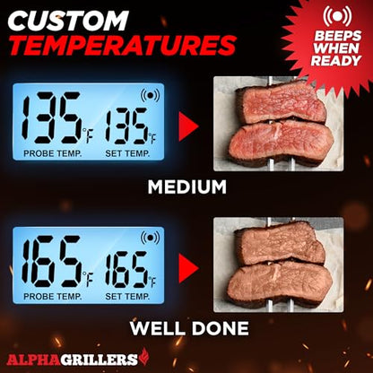Alpha Grillers Meat Thermometer Digital, Wired Probe for Oven & Grill | 7 Preset Temperature Alerts, Timer & Alarm for Cooking, Baking & BBQ