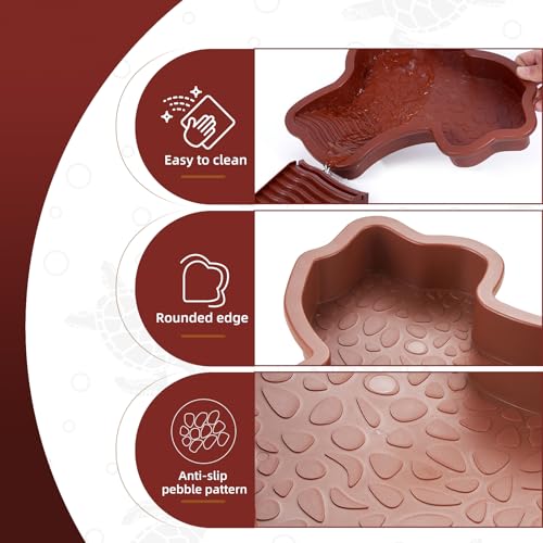 3PCS Tortoise Water Dish with Leaf Reptile Food Dish, Reddish | Anti-slip Reptile Bathing Pool with Ramp, Smooth Tortoise Water Dish Turtle Pool for Lizard Gecko Snake Frog Amphibians - color: Reddish Brown