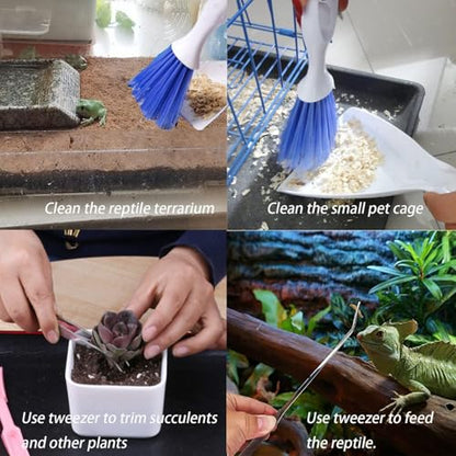 Tiny Cleanning Broom, Scooper Feeding Tool,Mini Dustpan and Brush, Stainless Steel Tweezer Reptile Tank Cleaner for Reptile and Other Small Animals Supplies 3Pcs
