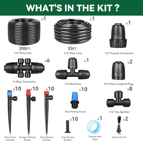 Drip Irrigation System for Garden, 2026-Upgraded Quick Connect Garden Watering Kit All-in-One with 1/2 inch 1/4 inch Irrigation Tubing for Garden, Lawn, Greenhouse, Raised Beds (233FT) - size: 33FT Main tube+200FT 1/4" tube