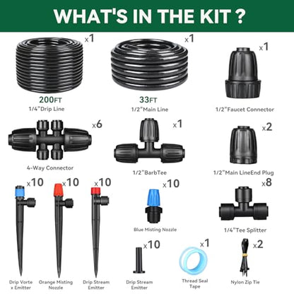Drip Irrigation System for Garden, 2026-Upgraded Quick Connect Garden Watering Kit All-in-One with 1/2 inch 1/4 inch Irrigation Tubing for Garden, Lawn, Greenhouse, Raised Beds (233FT) - size: 33FT Main tube+200FT 1/4" tube