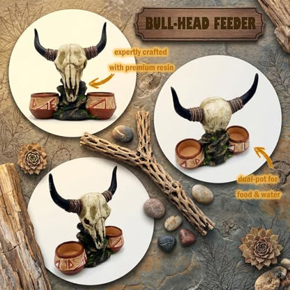 Reptile Water Bowl Bull-Head Shape Gecko Décor Terrarium Tank Decoration | Western bull head skull design, two water/food bowl, for leopard gecko/ bearded dragon and other small reptiles