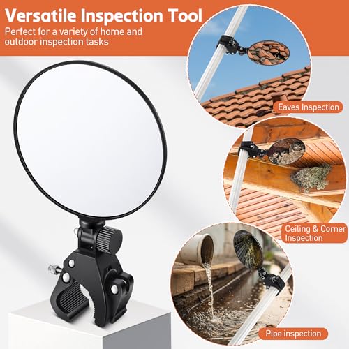 4.9" Large Expandable Inspection Mirror, 180°Tilt & 360°Rotate for Roof | 4.9" mirror tilts 180° & rotates 360°. Fits 0.6"-1.6" poles. For gutters, roofs, ducts & under vehicles