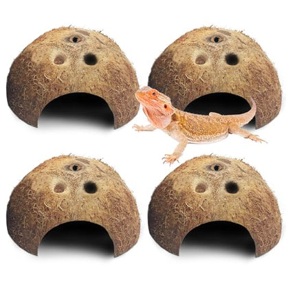 PINVNBY Natural Coconut Reptile Hideouts Lizard, Coco Hut Hermit Crab Hut Aquarium Fish Hide Cave for Small Reptile Crested Gecko Leopard Gecko Spider Snail Climber Toys (4 PCS Natural Surface) - size: 4 PCS Natural Surface