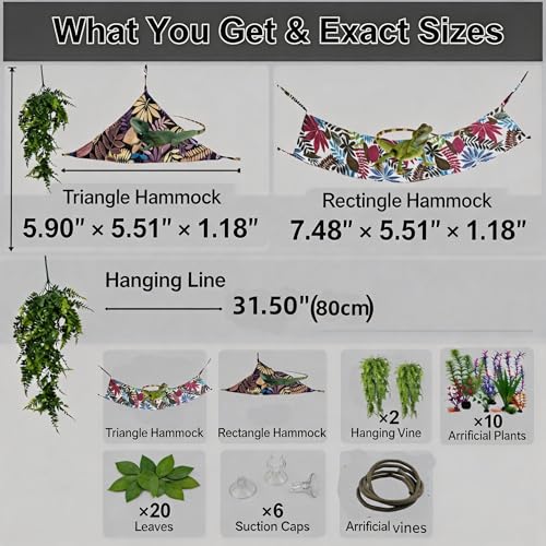 22PCS Bearded Dragon Tank Accessories Crawler Plant Climbing Kit with 2 Hammocks, 2 Flexible Vines, 20 Grape Leaves, Suction Cups & Artificial Plants – Lifelike Terrarium Decor for Gecko, Chameleon